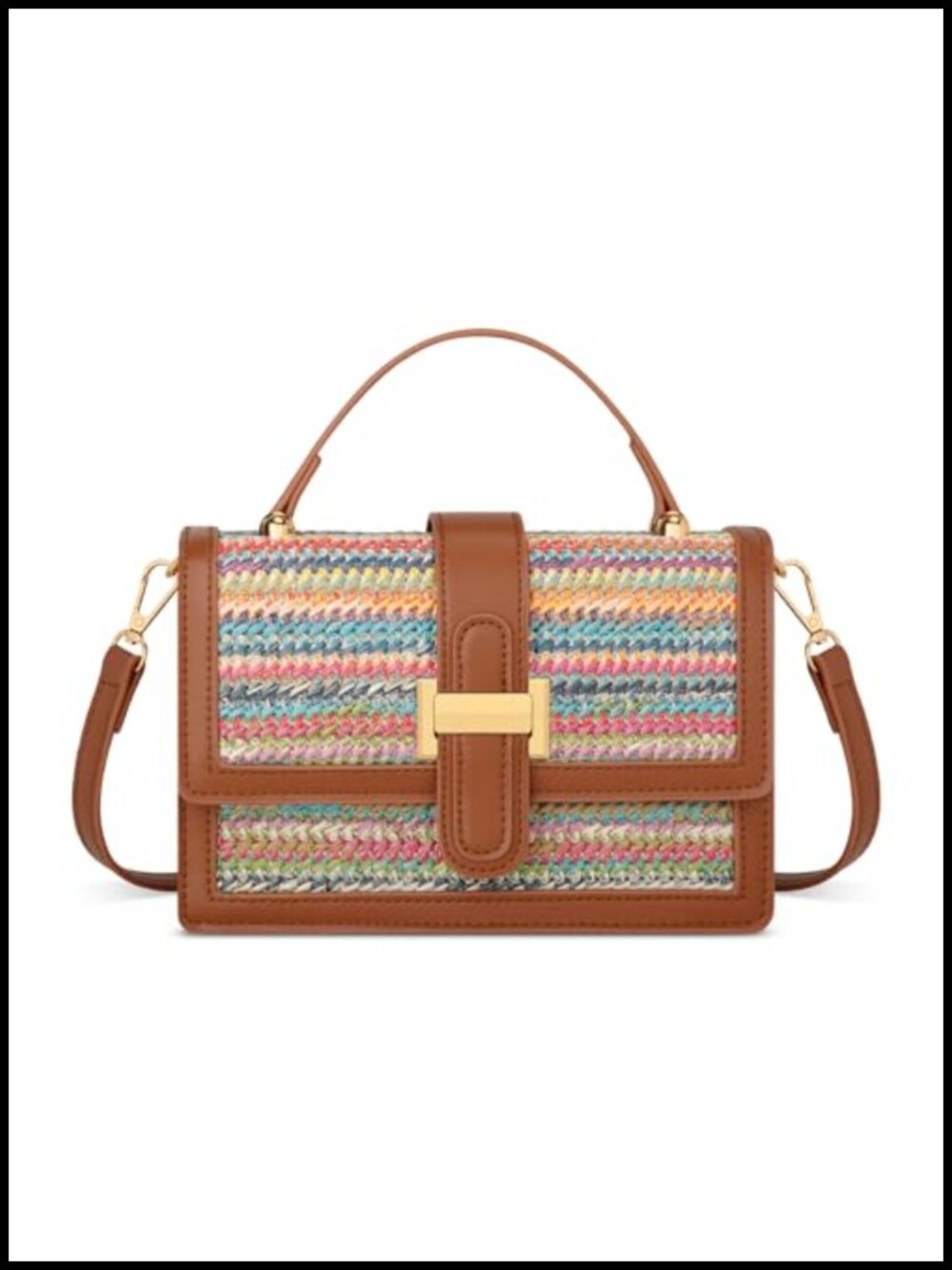 Straw & PU Leather Crossbody Bag for Women - Top Handle Purse